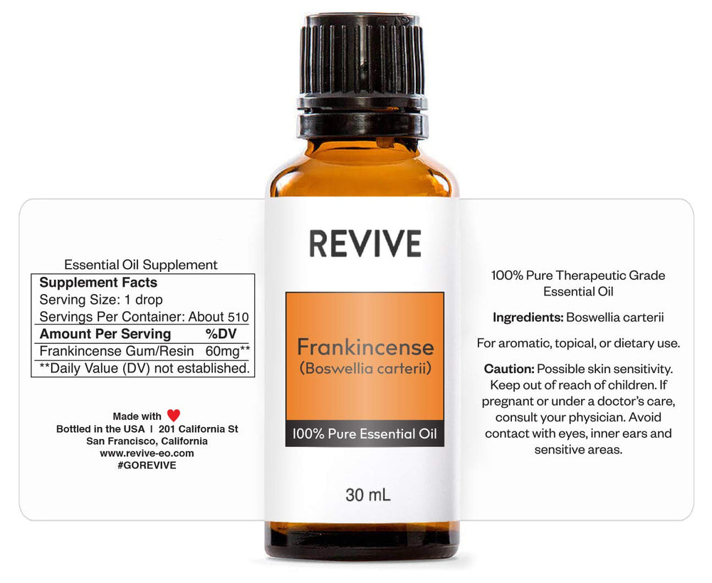 Close-up of Revive Frankincense oil bottle 30mL