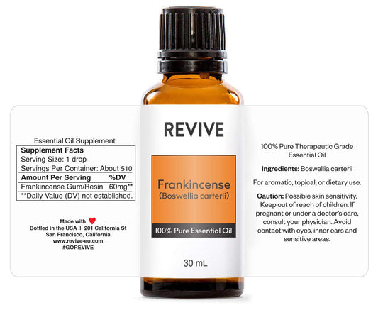 Close-up of Revive Frankincense oil bottle 30mL