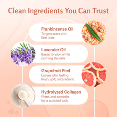 Ingredients concept featuring frankincense, lavender, grapefruit, collagen and stem cells