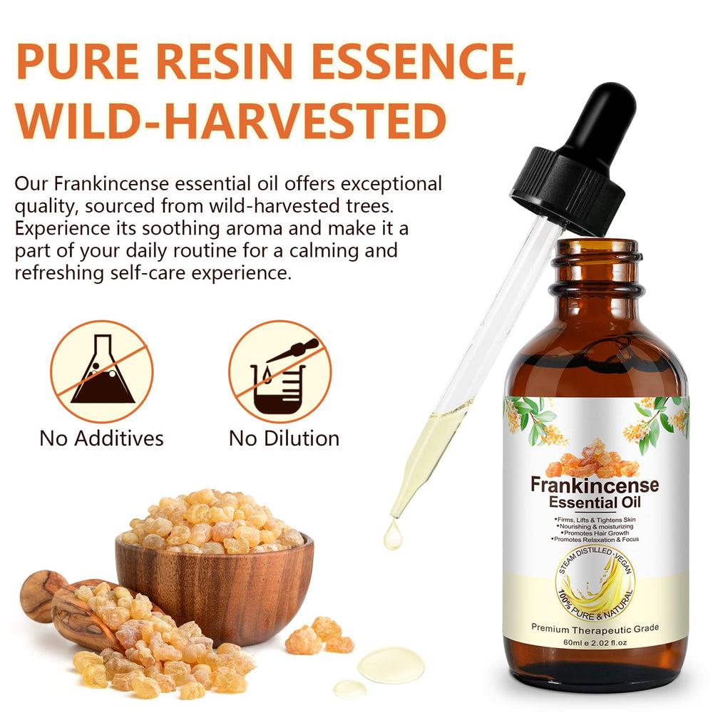 Close-up view of frankincense essential oil bottle label