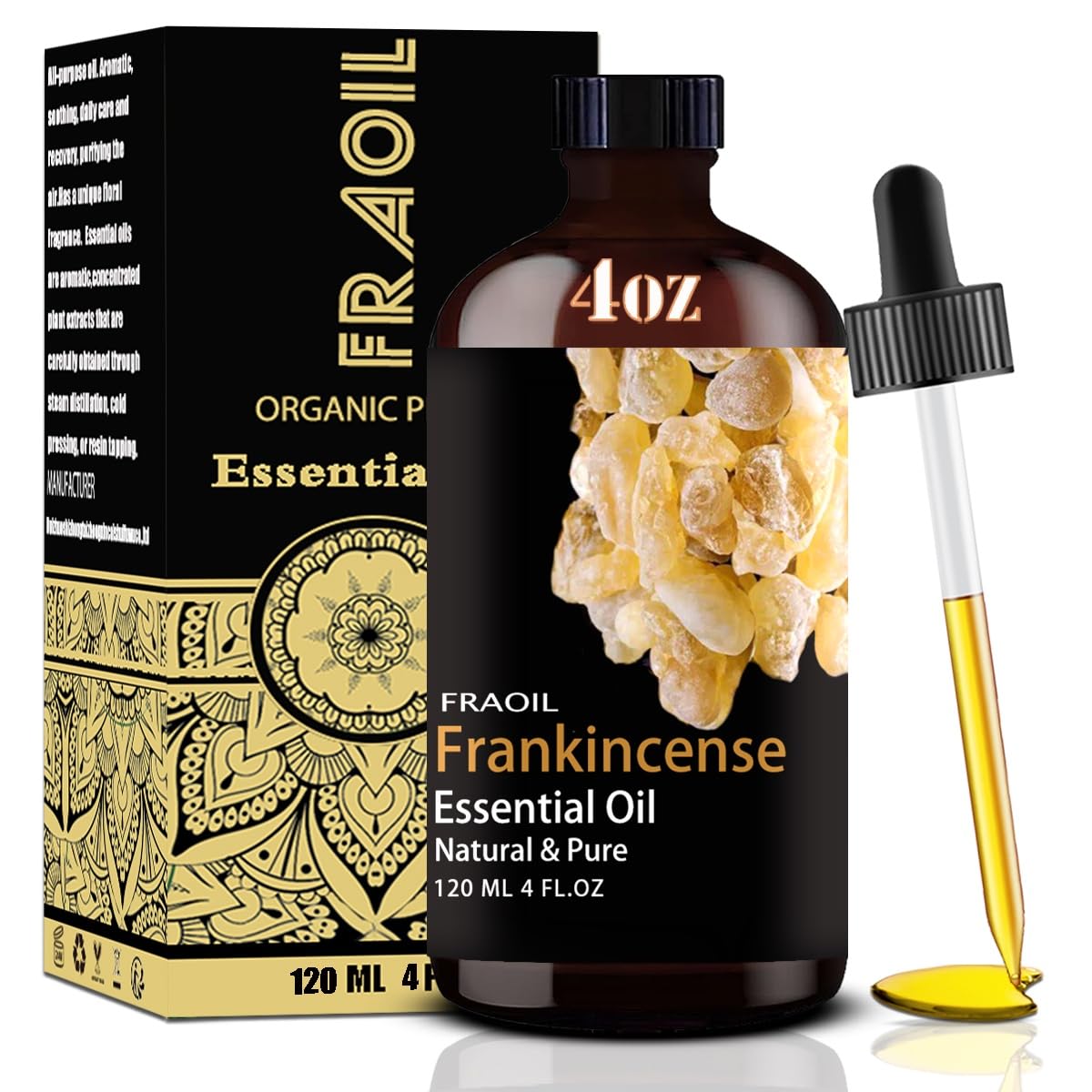 Amber glass bottle of Frankincense Essential Oil with dropper (4 oz, 120 ml)