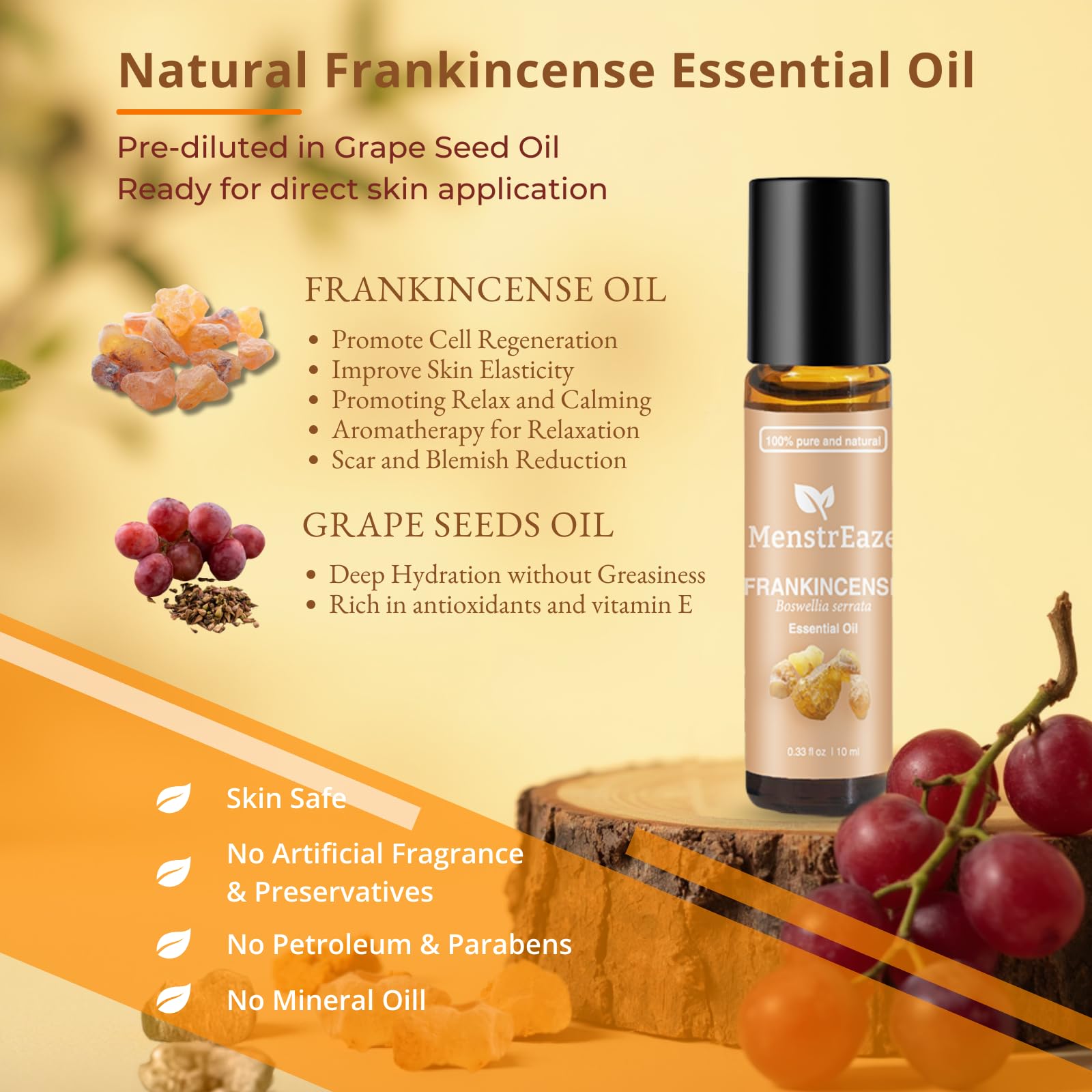 Grapeseed oil bottle paired with frankincense essential oil