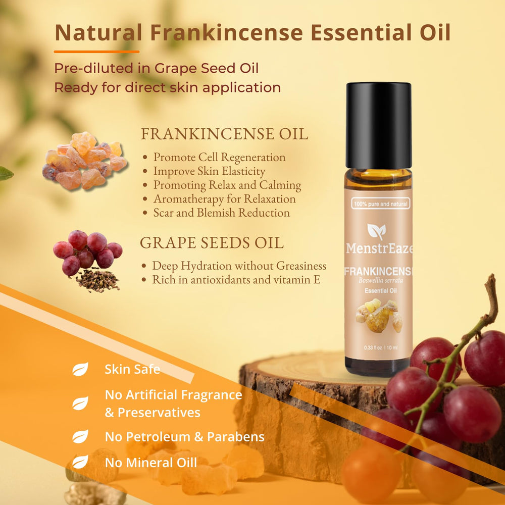 Grapeseed oil bottle paired with frankincense essential oil