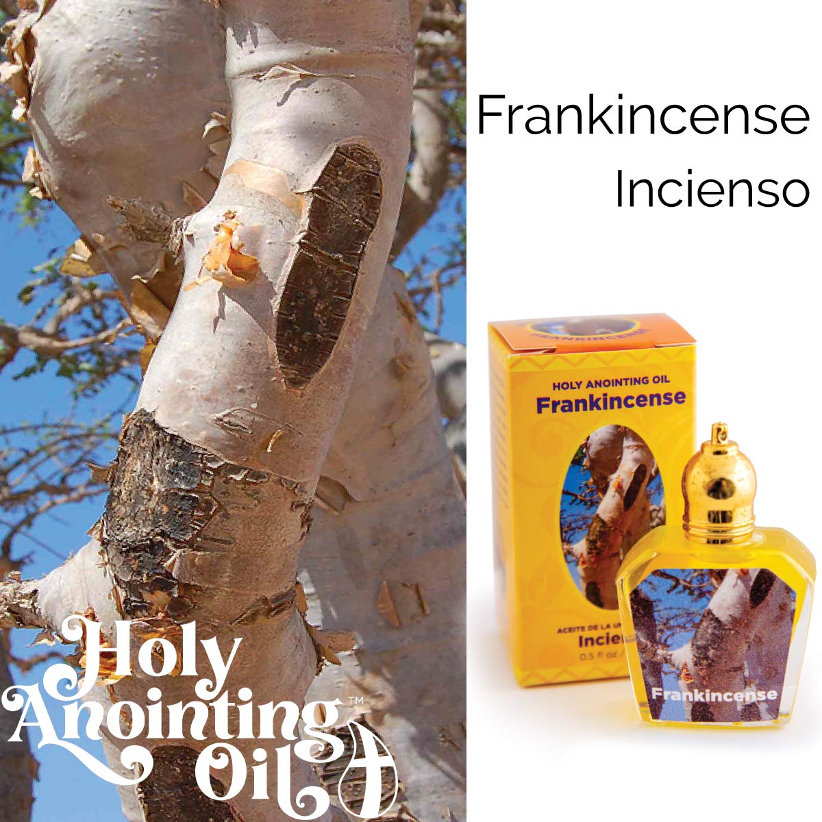 Close-up of Frankincense Holy Land Anointing Oil roller bottle with Jerusalem packaging