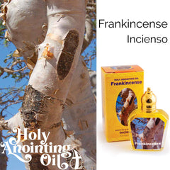Close-up of Frankincense Holy Land Anointing Oil roller bottle with Jerusalem packaging