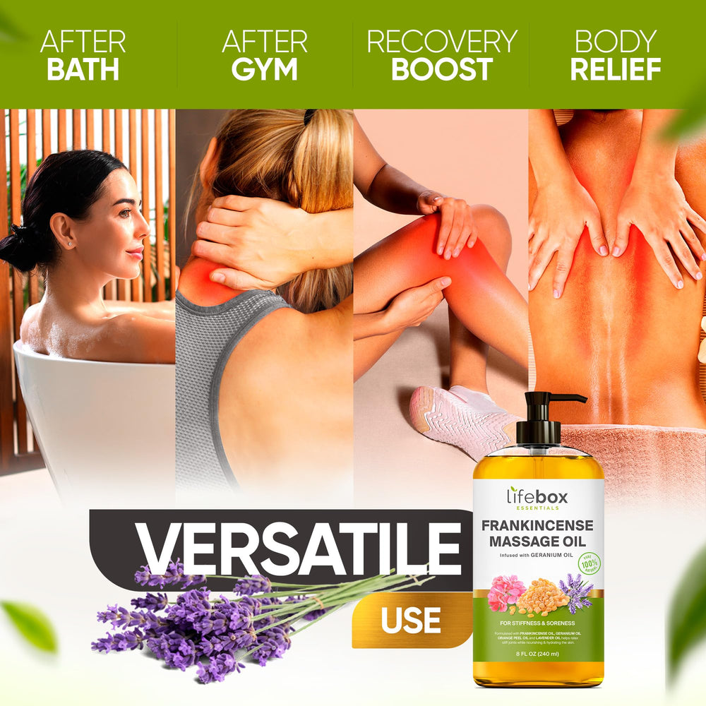 Product packaging and information for frankincense massage oil