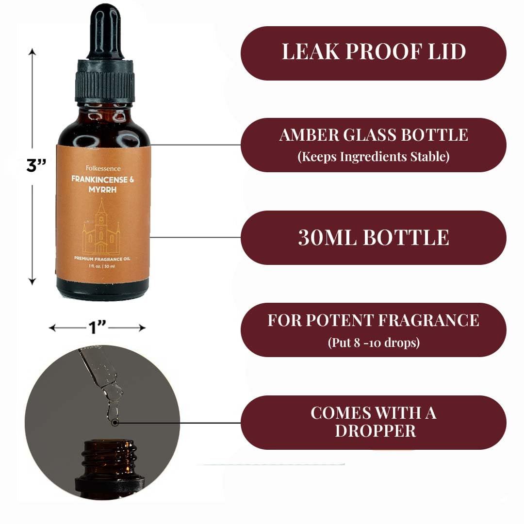 Close up of Frankincense and Myrrh essential oil bottle label