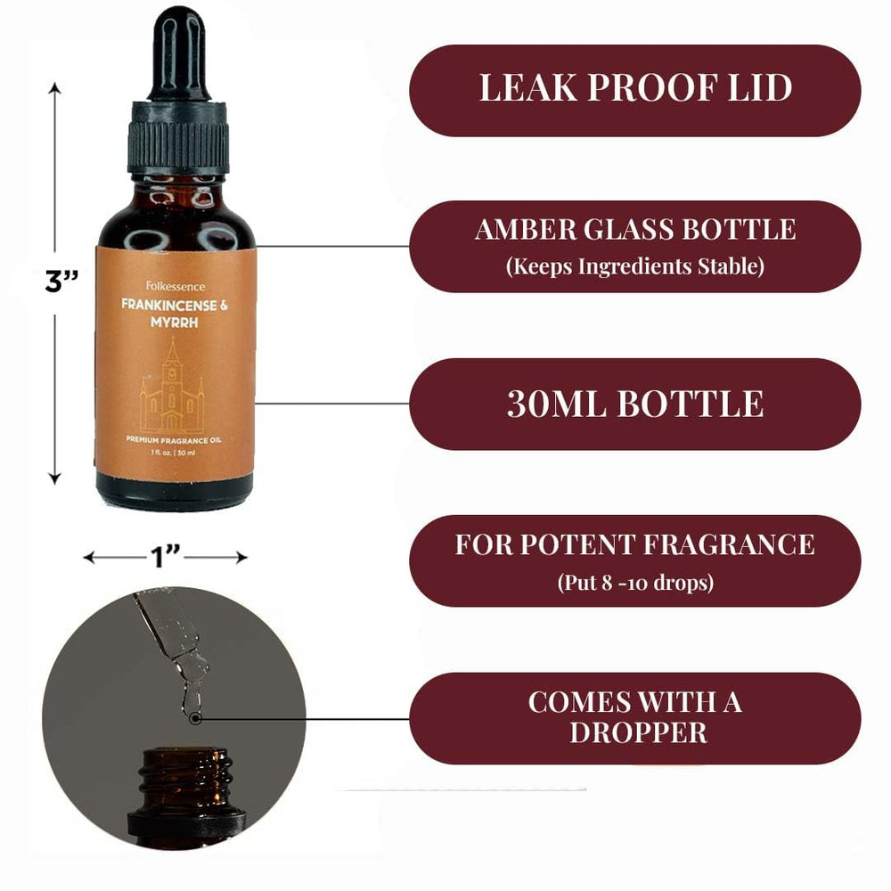 Close up of Frankincense and Myrrh essential oil bottle label