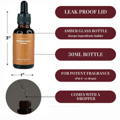 Close up of Frankincense and Myrrh essential oil bottle label
