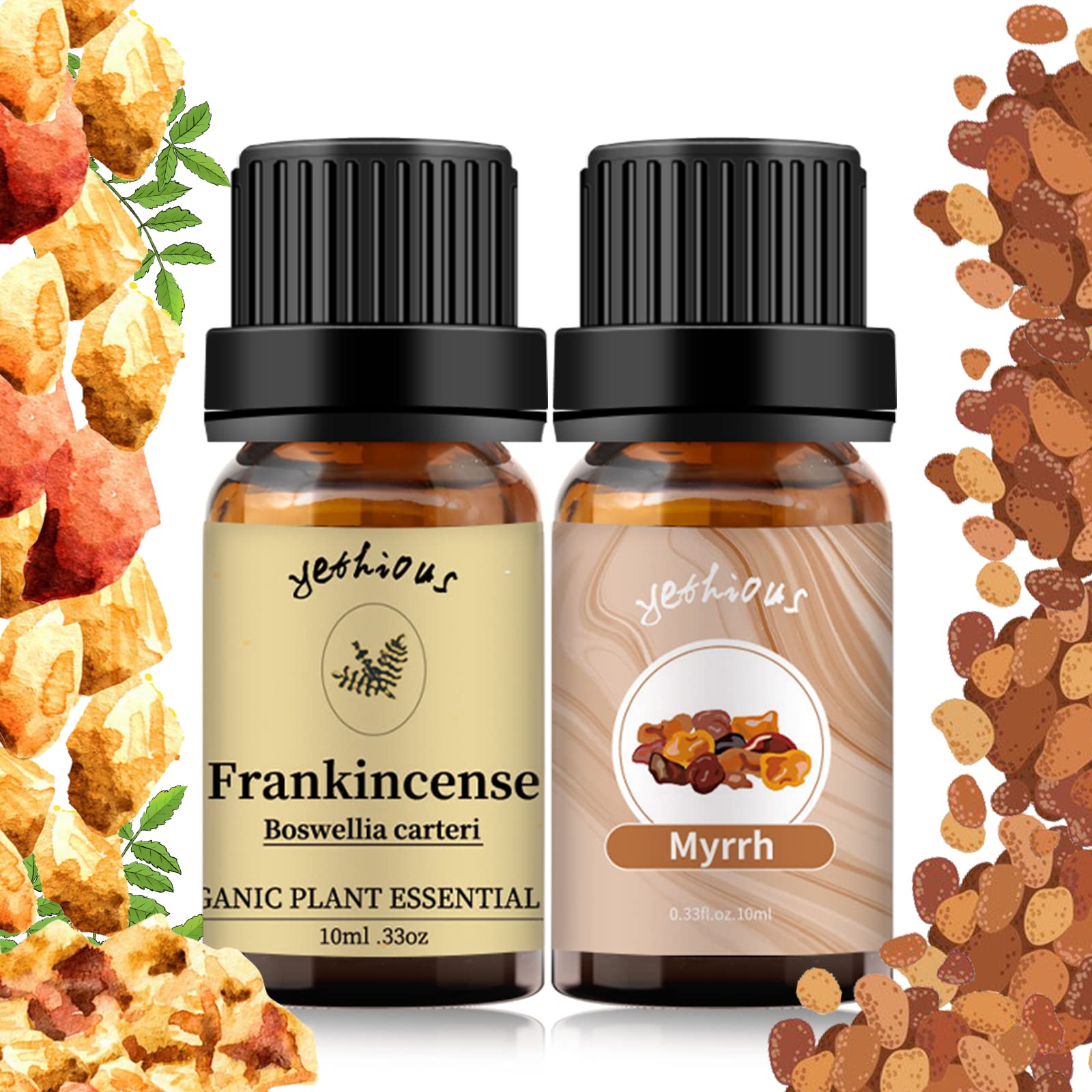 Two 10ml amber glass bottles: Frankincense and Myrrh essential oils