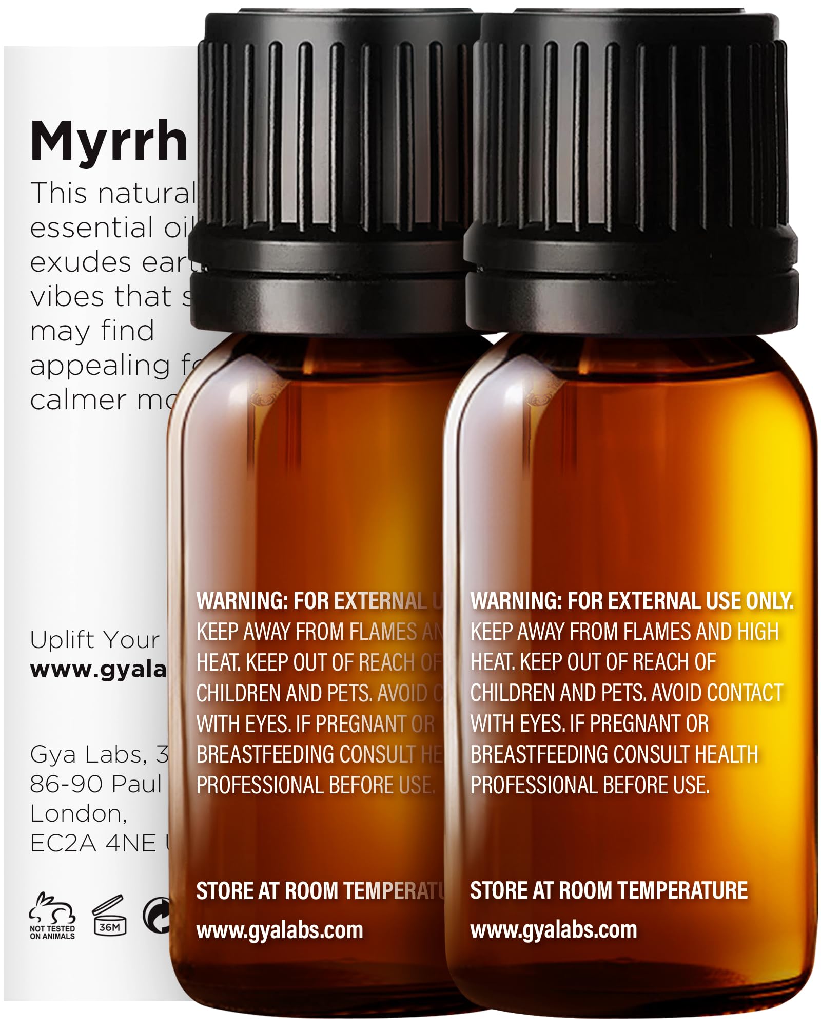 Close-up of Frankincense & Myrrh essential oil bottles from the duo pack