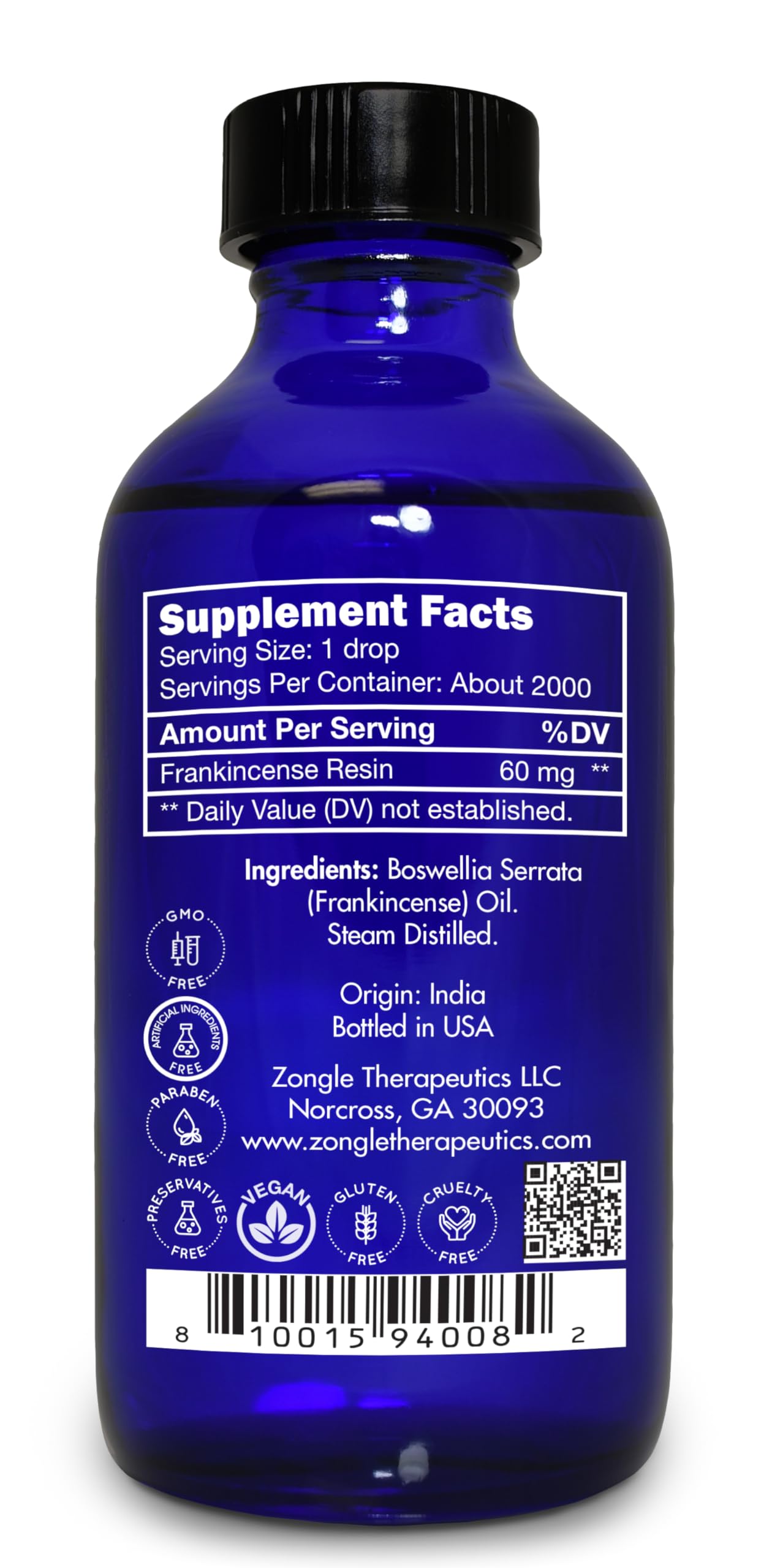 Front label of frankincense essential oil bottle