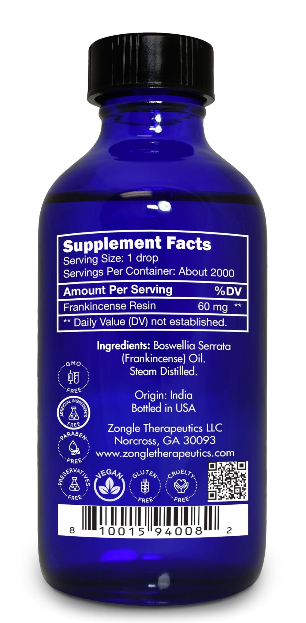 Front label of frankincense essential oil bottle