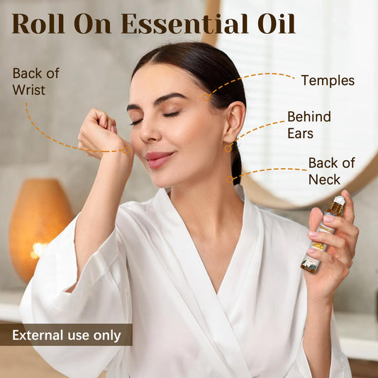 Close-up of amber frankincense essential oil roll-on bottle