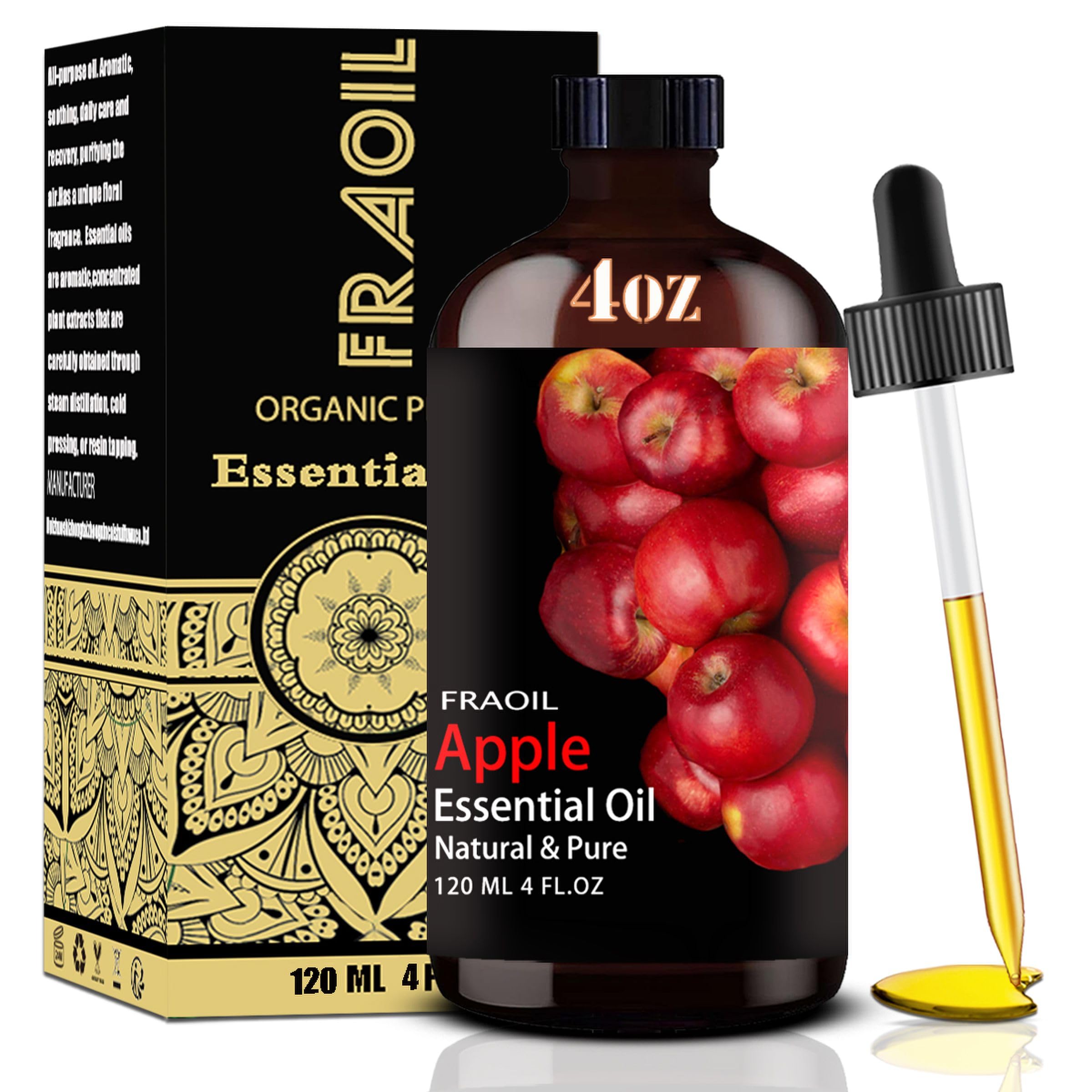 FRAOIL front packaging amber bottle showing brand and clean apple scent