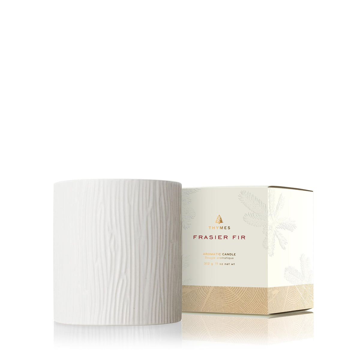 Main product shot: Frasier Fir candle in a wood-grain ceramic jar with a 24K gold rim, 11 oz