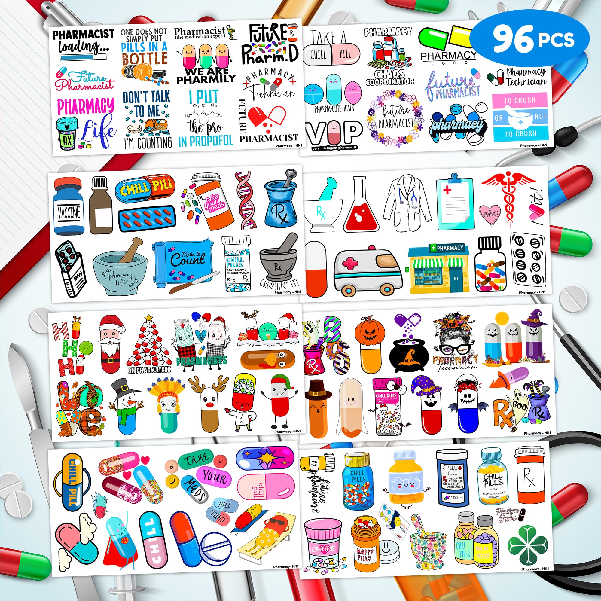 Frawharmone capsules tattoos with capsule icons suit science parties and gift bags.