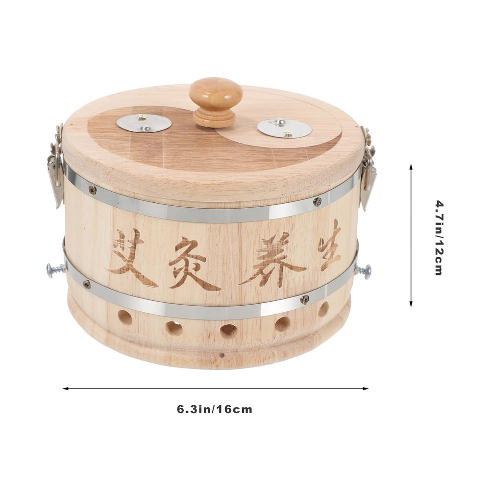 Open wooden moxa burner showing metal mesh interior