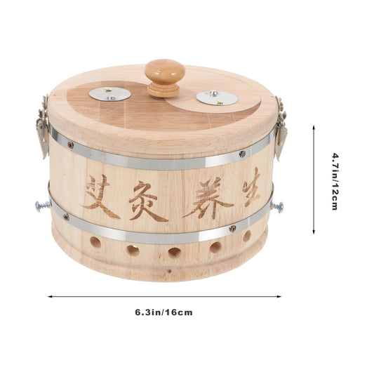 Open wooden moxa burner showing metal mesh interior