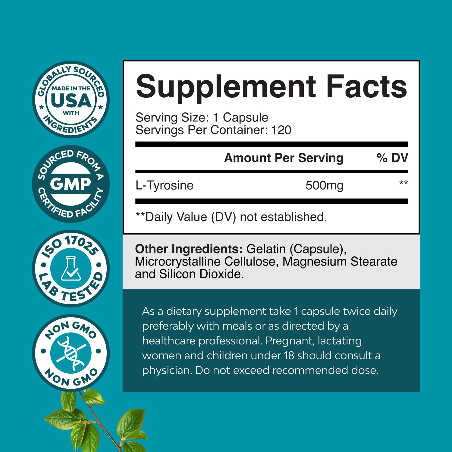 L-Tyrosine 500mg capsules bottle with label close-up