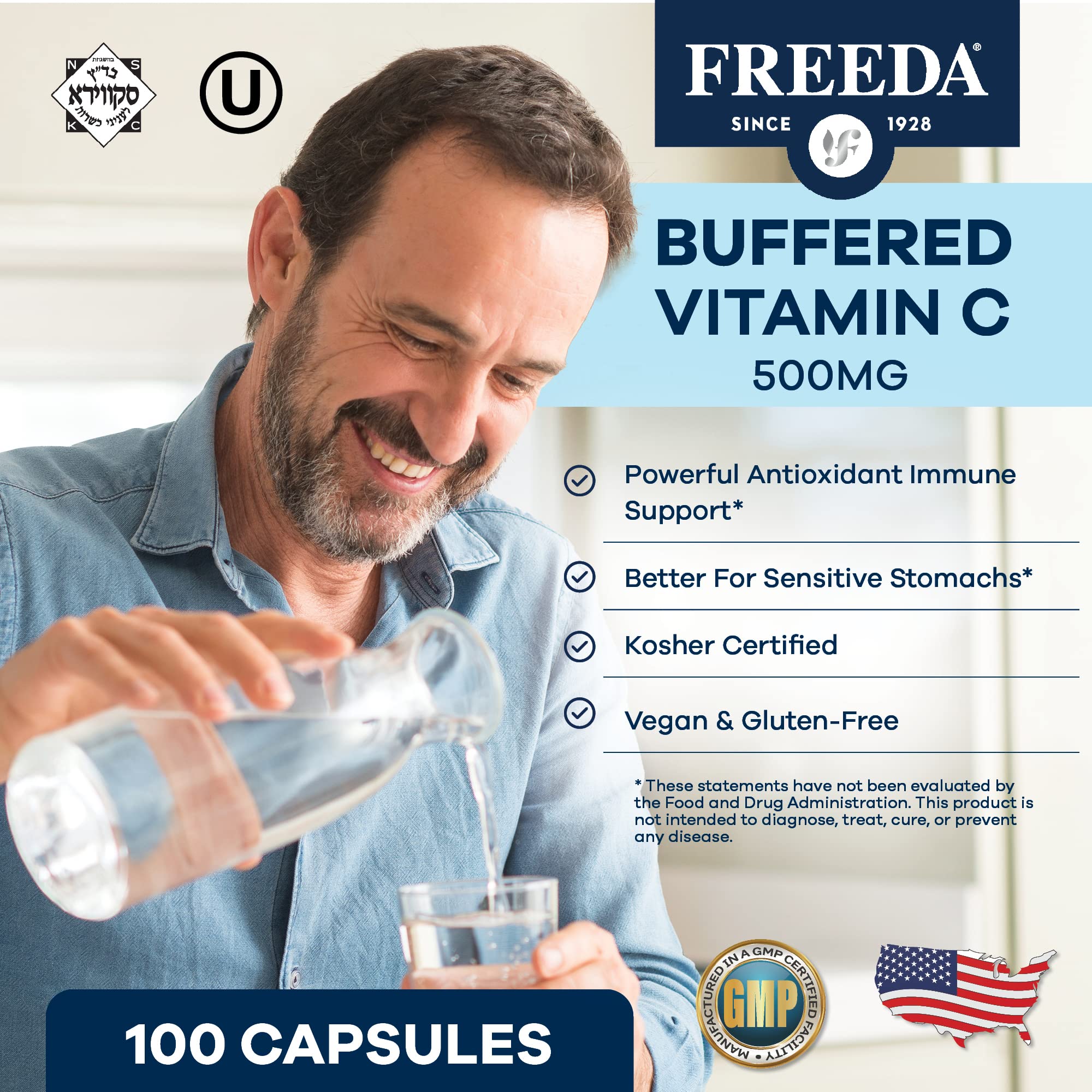 Close-up of Freeda Buffered Vitamin C 500mg capsules