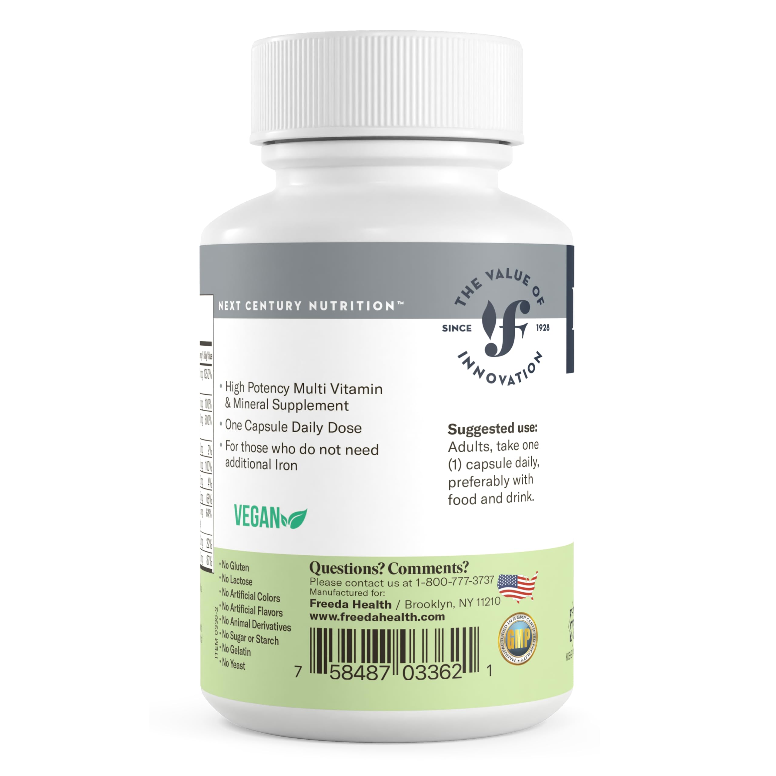Dosage and capsule count on Freeda multivitamin packaging
