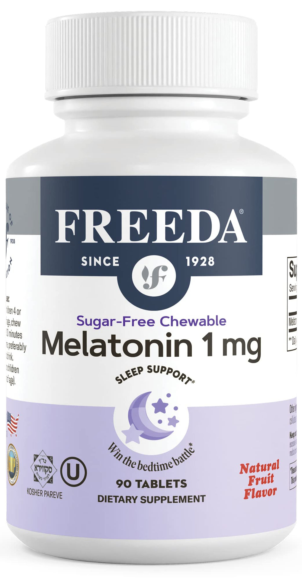 Front view of FREEDA Melatonin 1 mg sugar-free chewables bottle