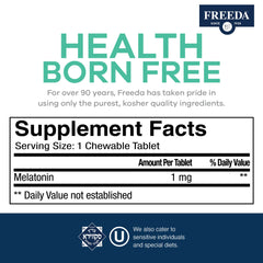 Close-up of a MELATONIN 1 mg chewable tablet with natural fruit flavor