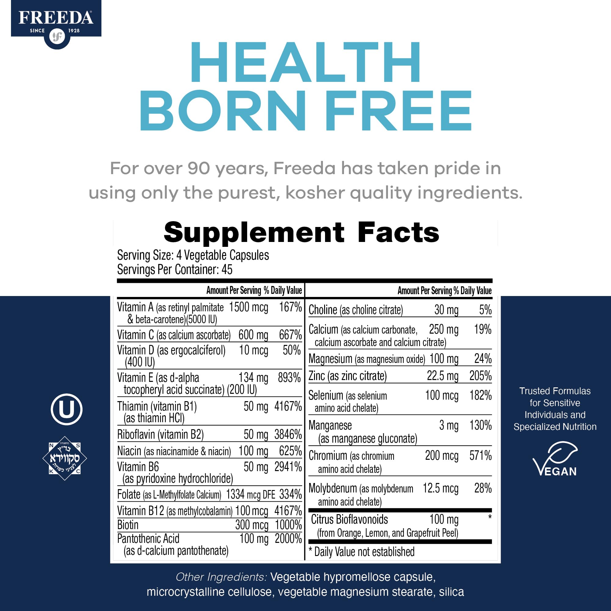 Close-up of ingredients and nutrient panel for Freeda SCD Multivitamin