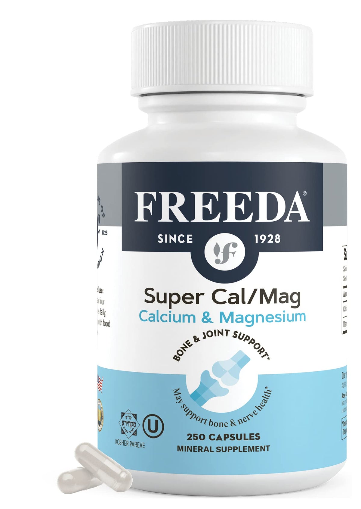 Freeda Super Cal/Mag bottle label – Kosher vegan calcium magnesium supplement