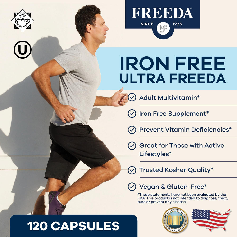 Close-up of iron-free multivitamin capsules