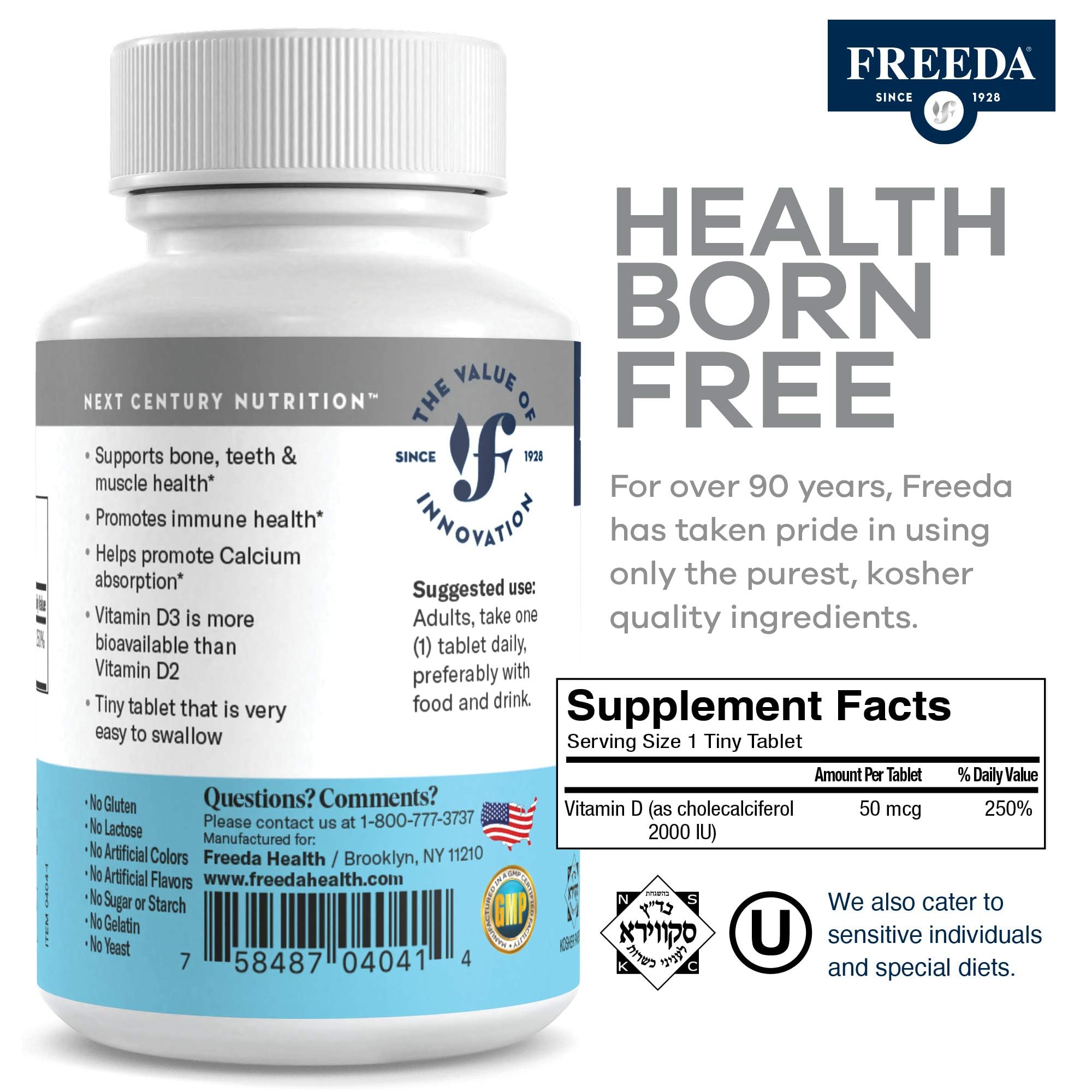 Freeda Vitamin D3-2000 IU bottle side view