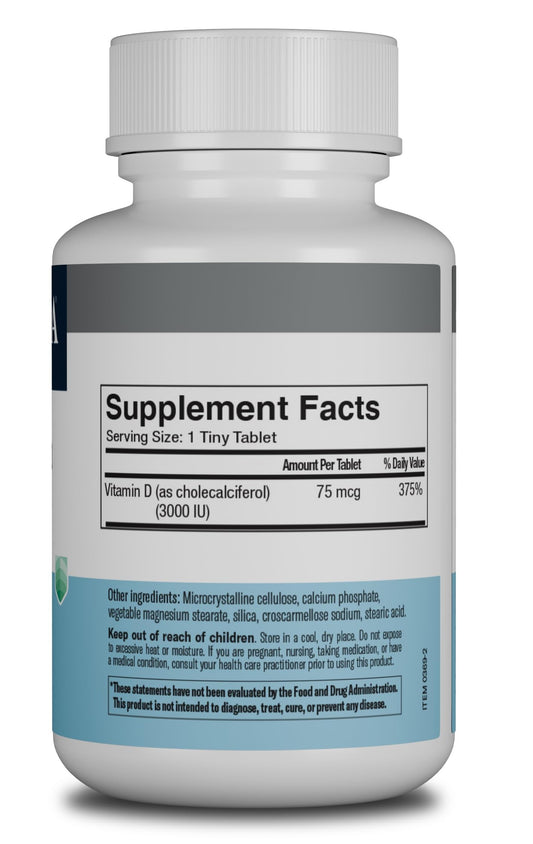 Close-up of Freeda Vitamin D3 3000 IU tiny tablets
