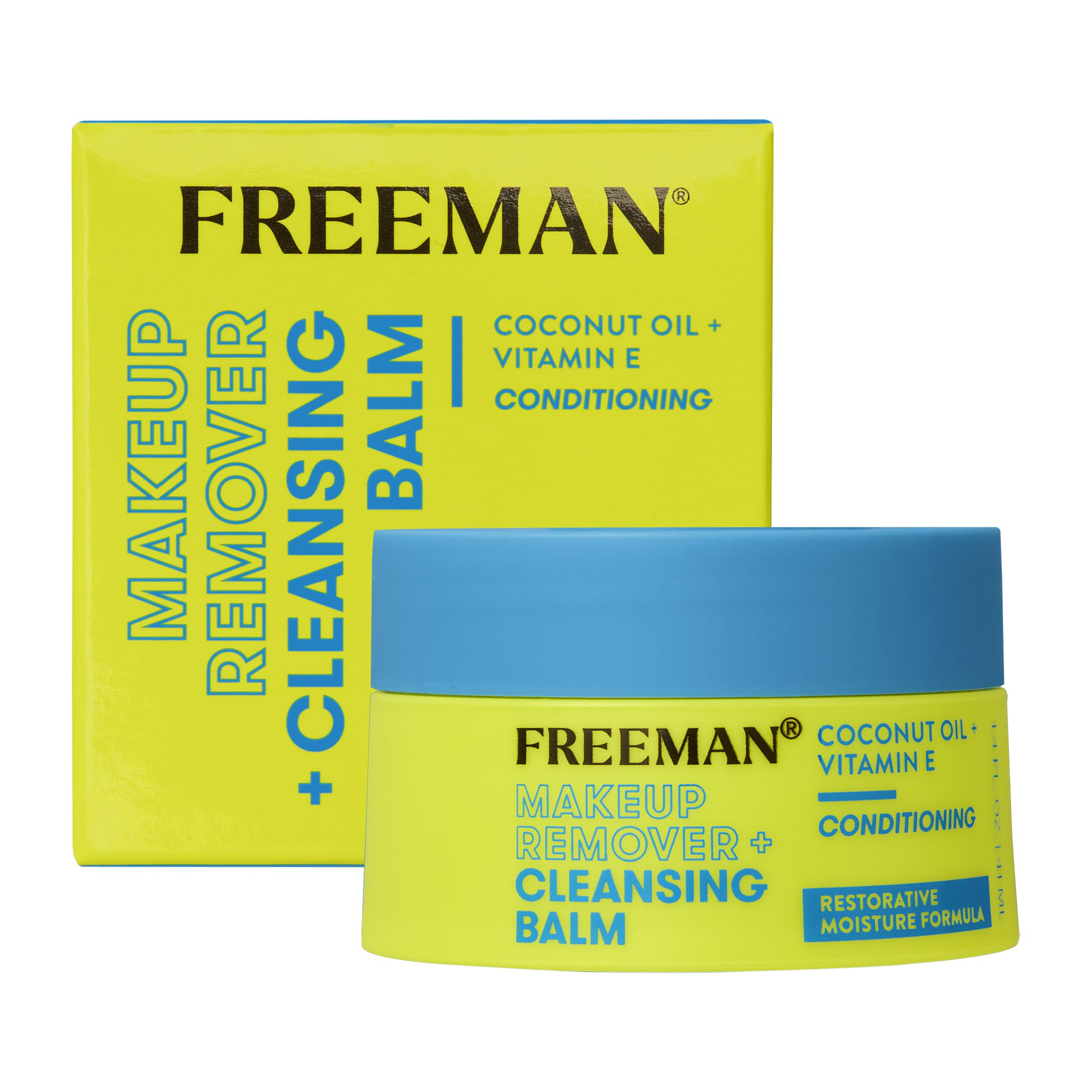 Freeman Makeup Remover + Cleansing Balm jar shows creamy texture for gentle makeup removal.