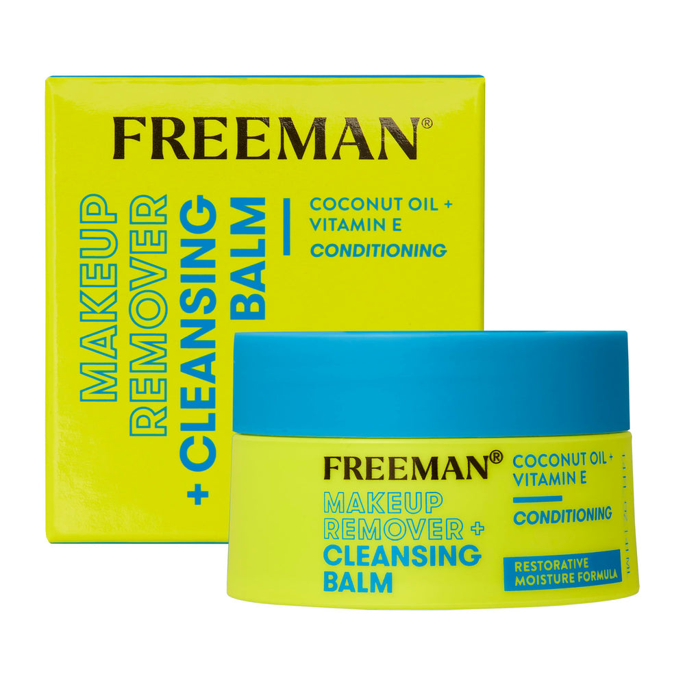 Freeman Makeup Remover + Cleansing Balm jar shows creamy texture for gentle makeup removal.