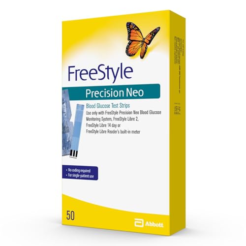 FreeStyle Precision Neo bottle with strips organized for easy use.