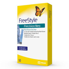 FreeStyle Precision Neo bottle with strips organized for easy use.