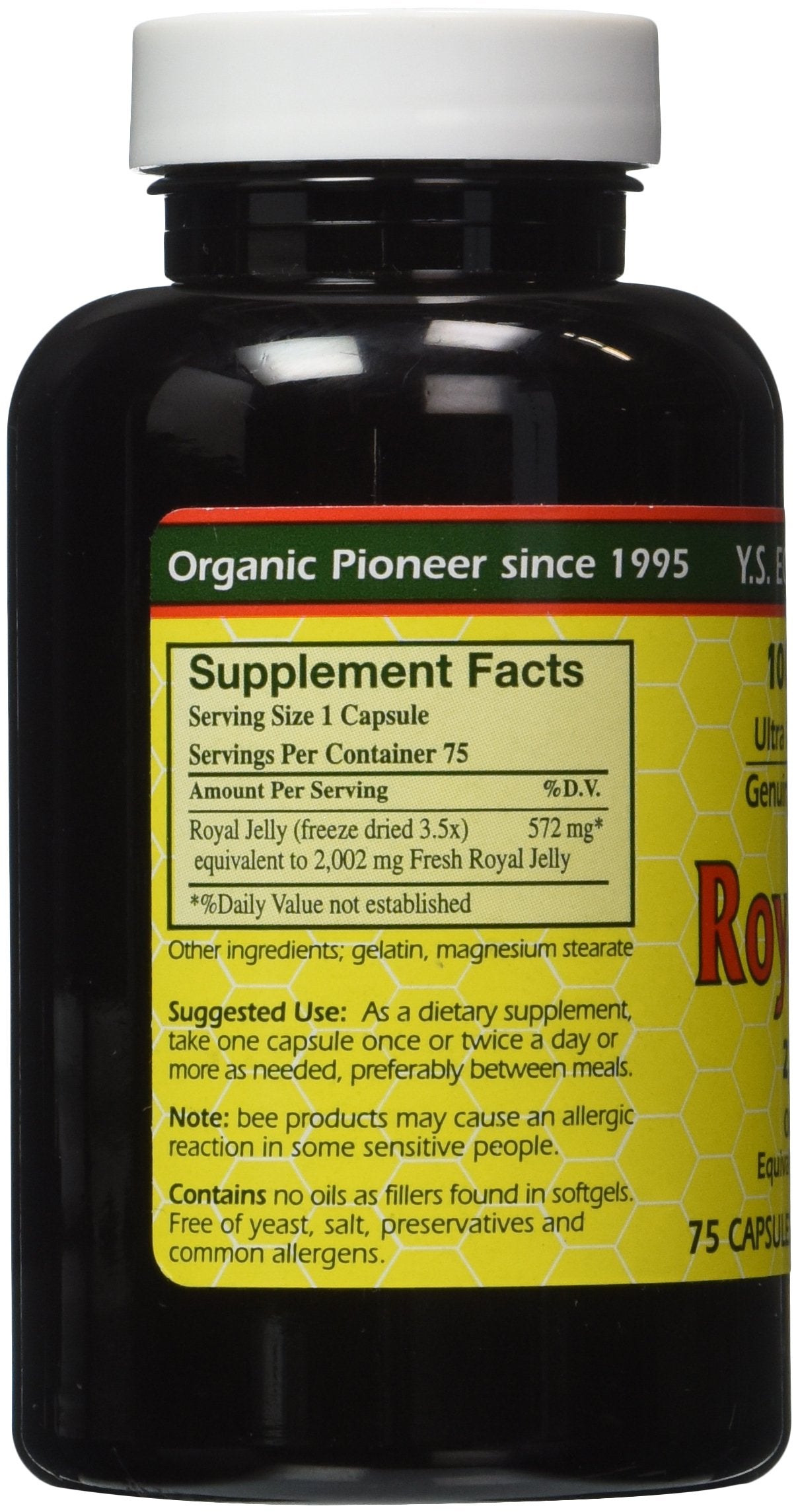 Close-up of freeze-dried royal jelly capsules in bottle, 2000 mg