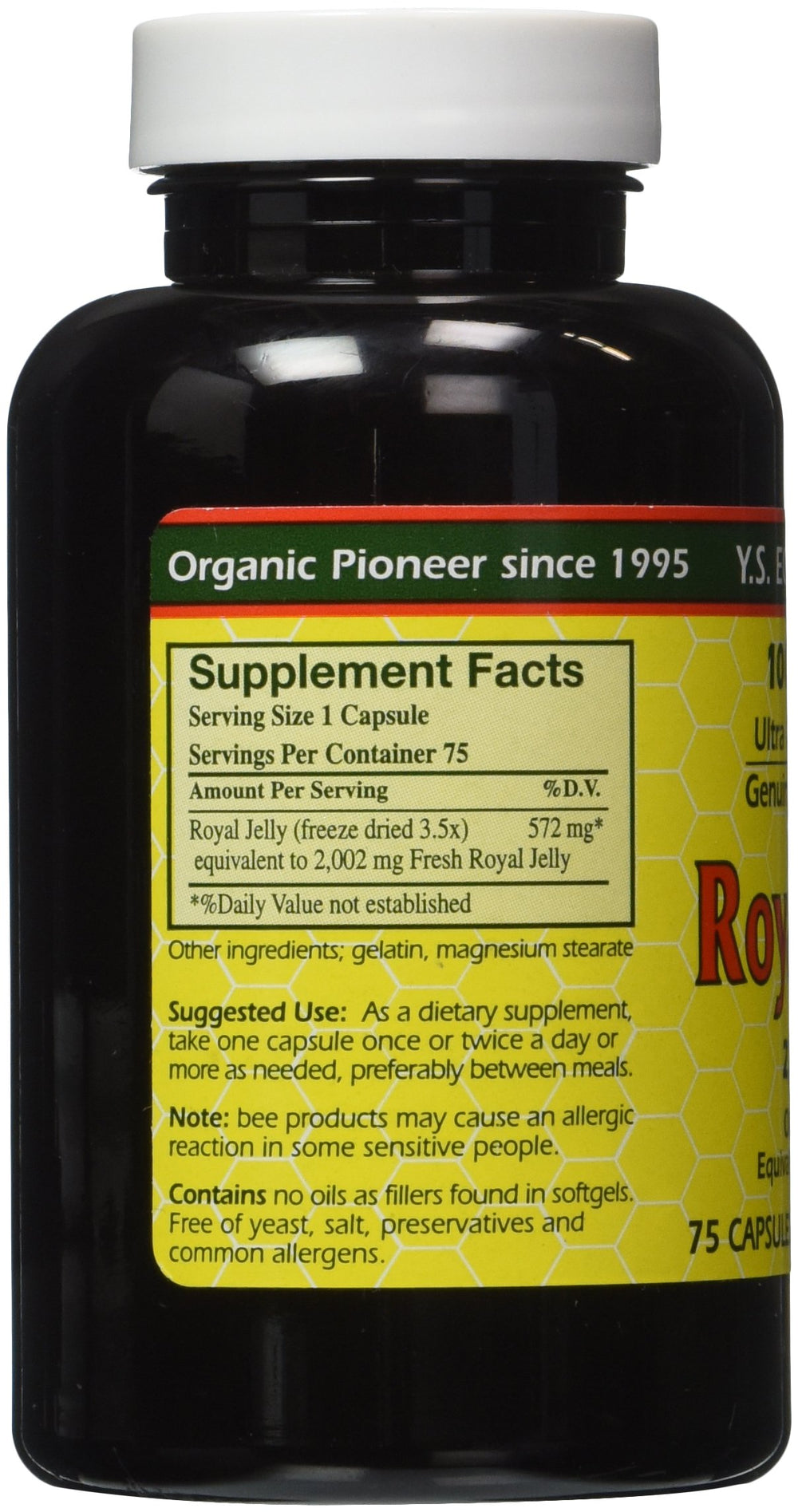 Close-up of freeze-dried royal jelly capsules in bottle, 2000 mg