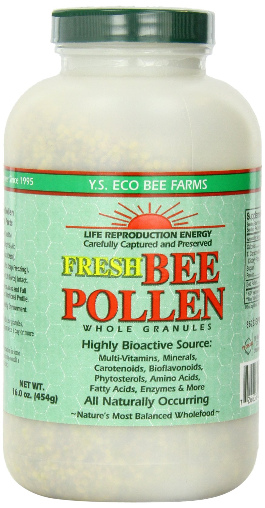 Close-up of Fresh Bee Pollen Whole Granules 16oz jar