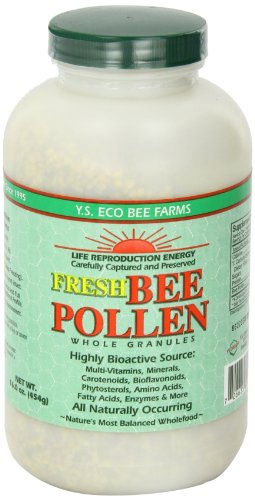 Bee pollen granules in glass jar with label
