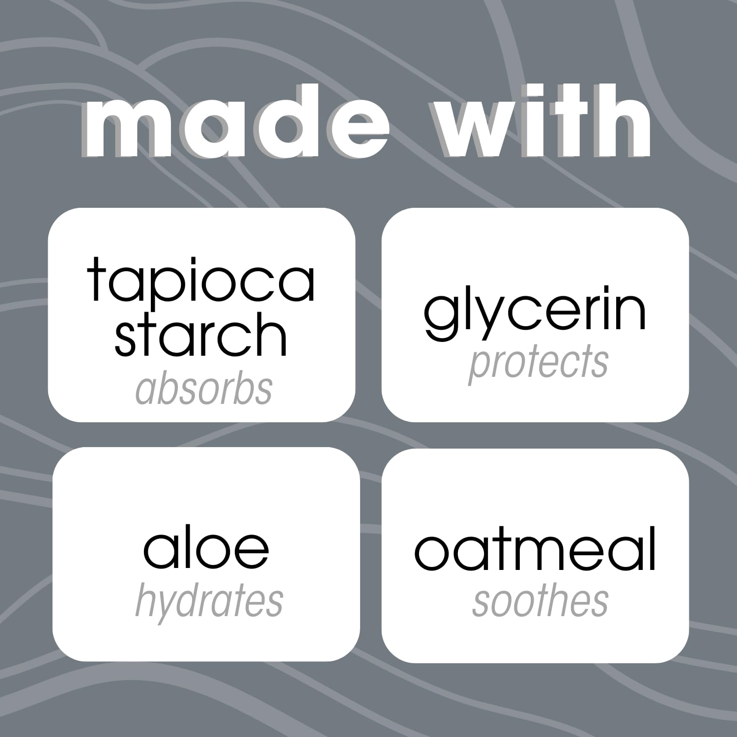 Fresh Body FB ingredient highlights: tapioca starch, oat kernel extract, aloe.