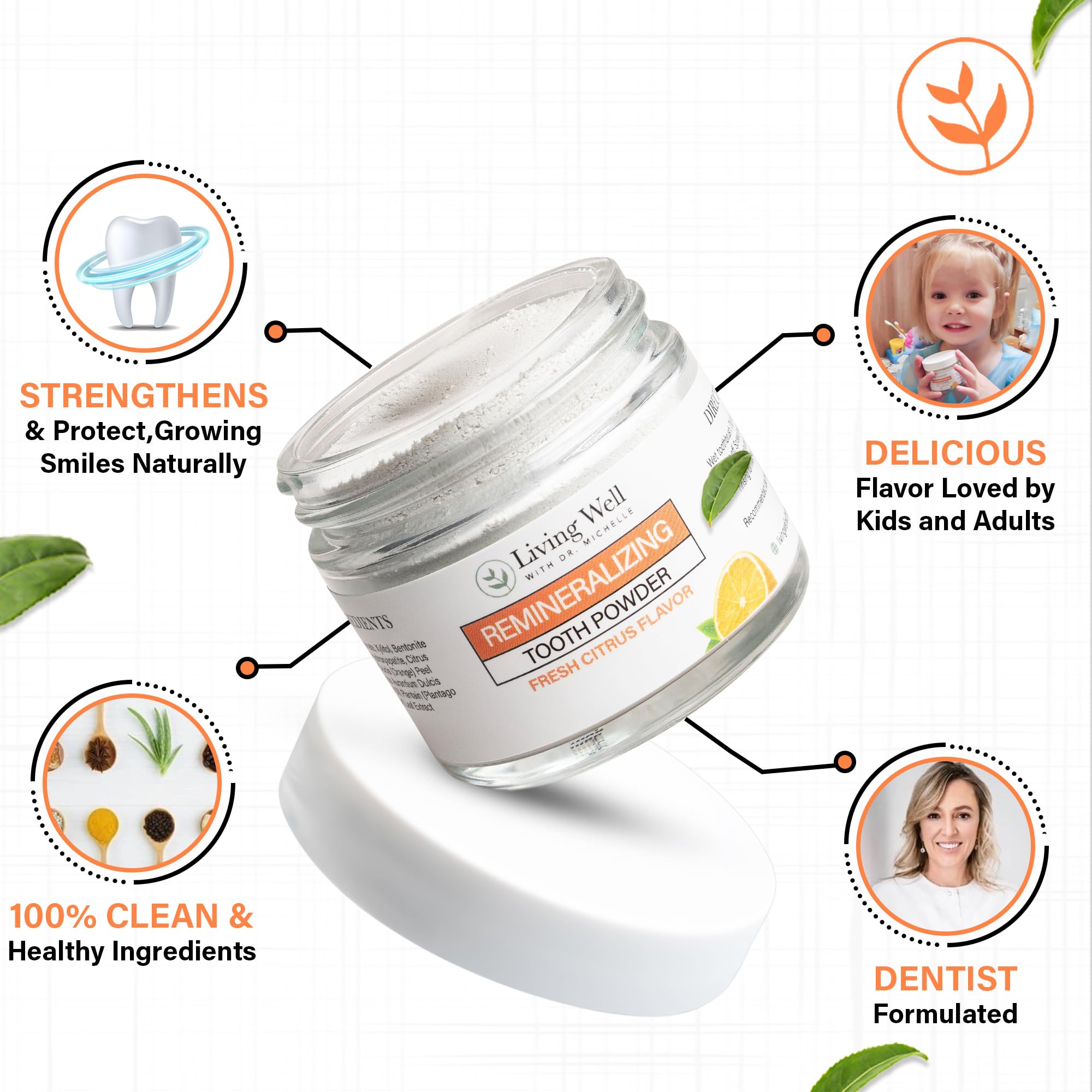 Close-up of citrus-flavored remineralizing tooth powder texture