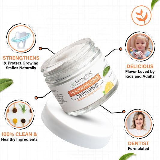 Close-up of citrus-flavored remineralizing tooth powder texture