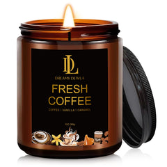 Fresh Coffee Candle in a clear glass jar on a wooden surface