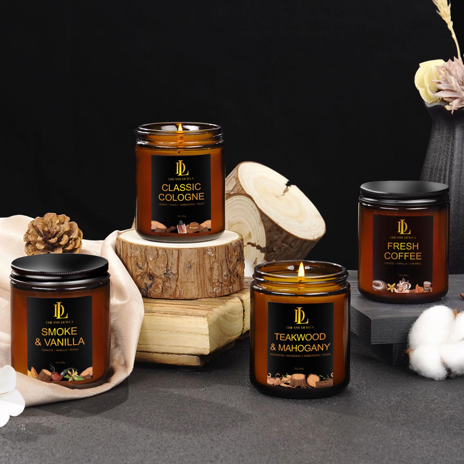 Coffee beans with a lit Fresh Coffee Candle for cozy ambiance
