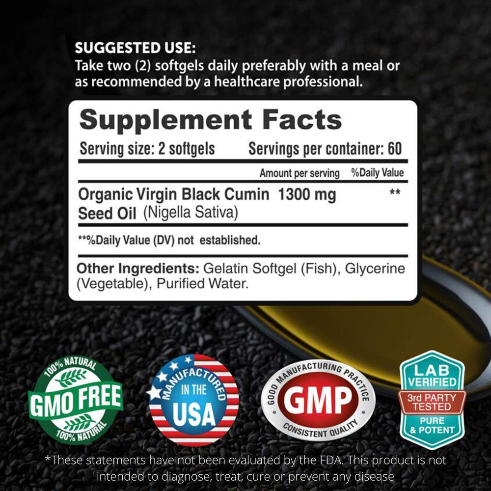 Back label and nutrition facts of Fresh Healthcare Black Seed Oil capsules