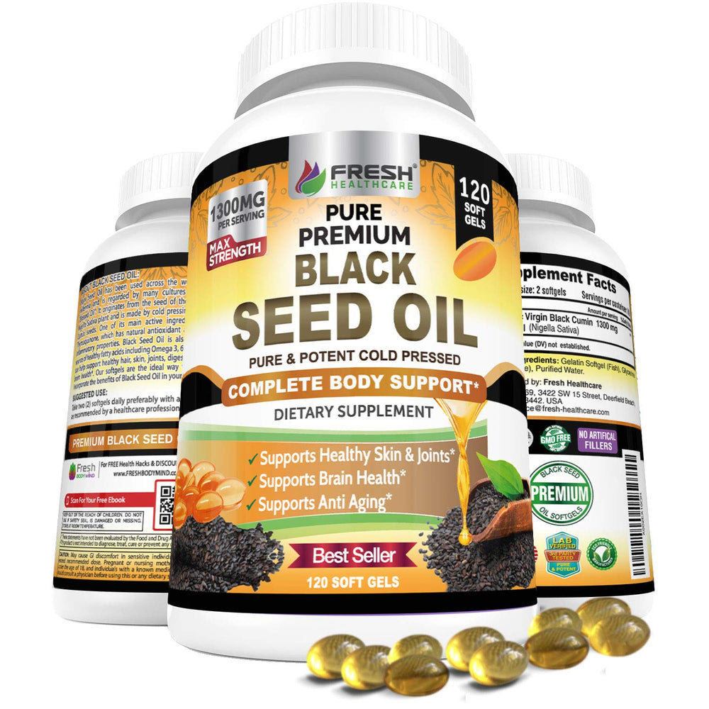Front view of Fresh Healthcare Black Seed Oil Capsules bottle