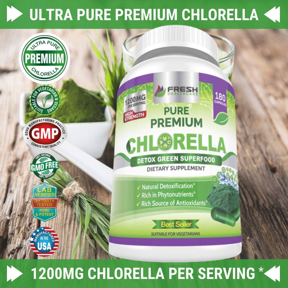 Product bottle label for FRESH HEALTHCARE Chlorella 1200mg vegan capsules