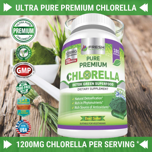 Product bottle label for FRESH HEALTHCARE Chlorella 1200mg vegan capsules